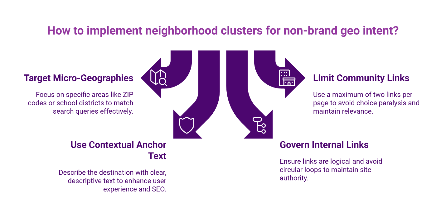 Infographic on implementing neighborhood clusters for non-brand geo intent with four SEO strategies.